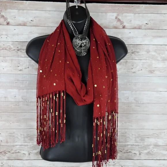 Fashion Scarf, Red with gold hardware and fringes, 70" long. - Picture 1 of 6